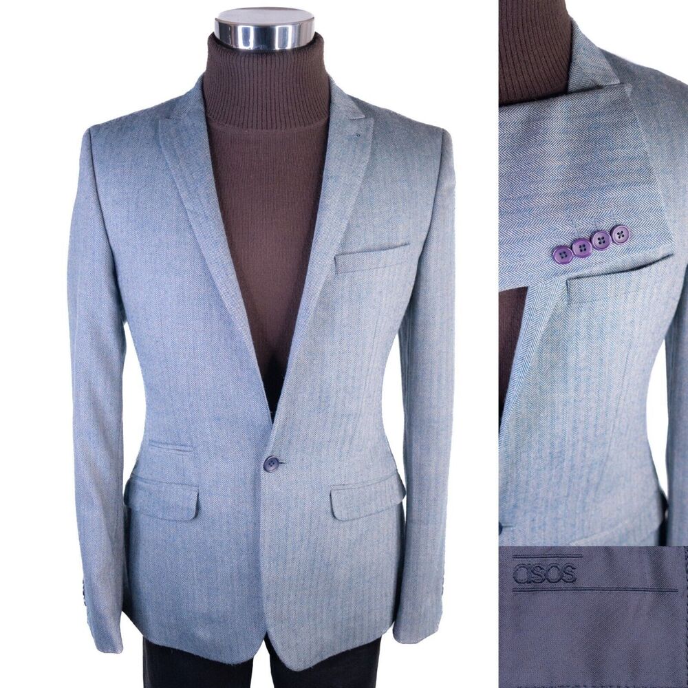 NWT ASOS Men's Two Button Herringbone Blue Sport Coat Blazer Sz 38R Wool Blend